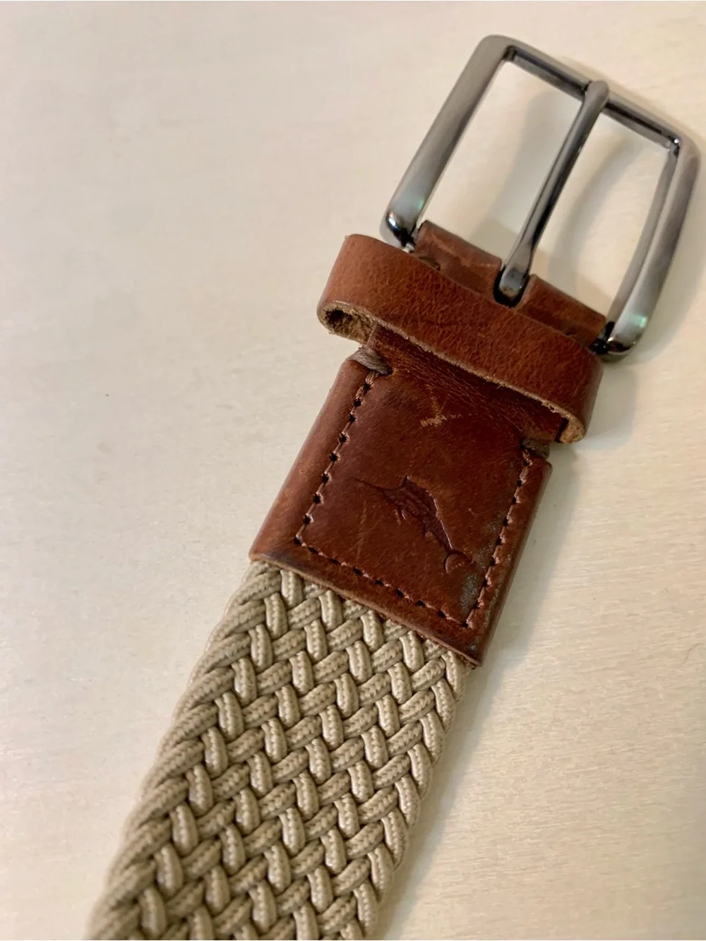 Tommy Bahama Beige Woven Belt with Brown Leather Trim, S/M